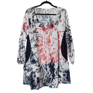 Flutter Abstract Lagenlook Stretch Cotton Artsy Tunic Top Large Made in USA